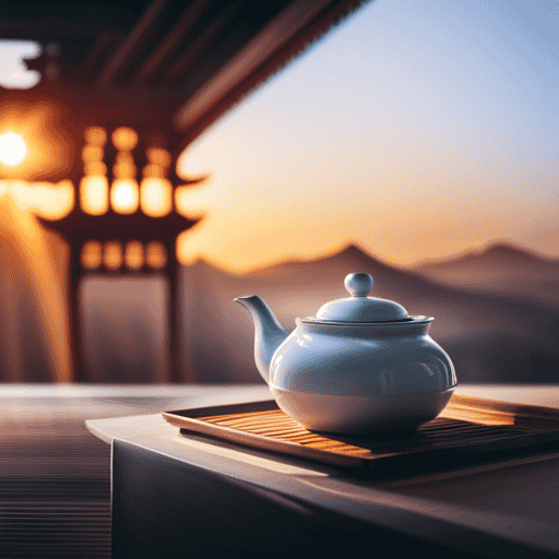 An image showcasing a serene scene in a traditional Chinese tea room, with a delicate porcelain teapot pouring China Slim Tea into a dainty teacup