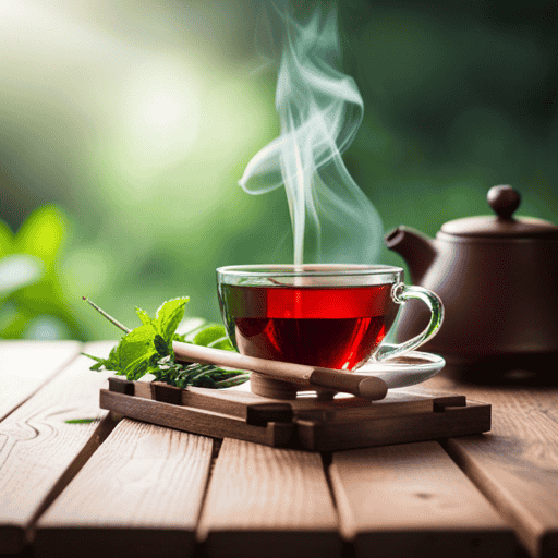 An image showcasing a serene setting with a steaming cup of Chinese Black Herbal Tea