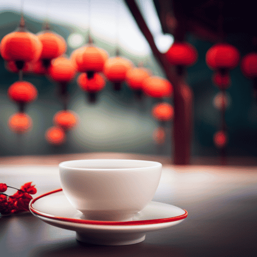 An image showcasing a serene Chinese tea house, adorned with vibrant red lanterns, where wisps of fragrant steam rise from delicate porcelain cups, immersing visitors in the timeless ritual of savoring the ancient healing brew of Chinese Herbal Tea