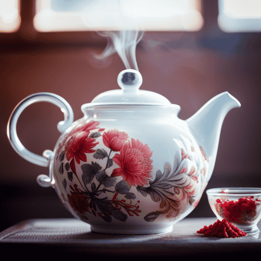 An image showcasing the art of brewing Chinese herbal tea: a delicate porcelain tea set adorned with intricate floral patterns, steam rising from a steaming teapot, and vibrant herbal ingredients like ginseng, goji berries, and chrysanthemum blossoms