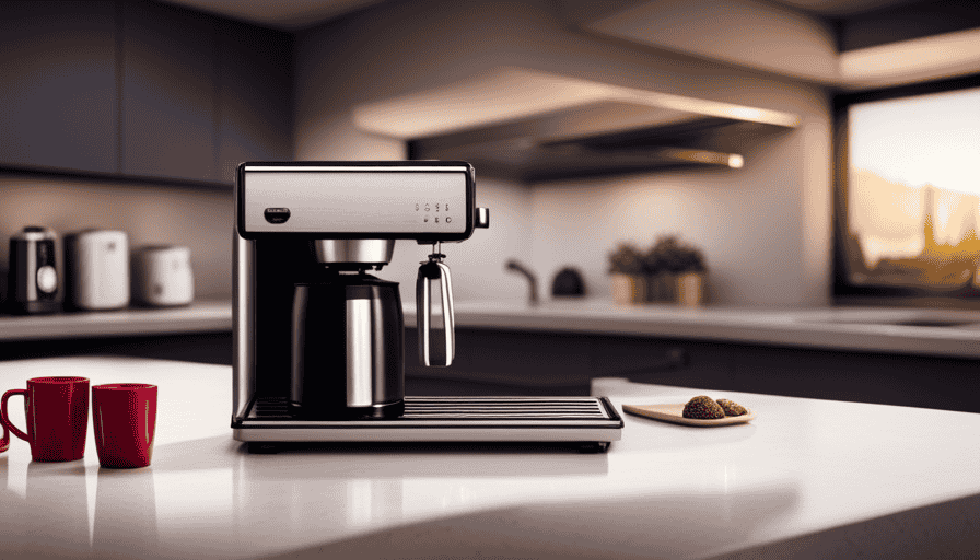 An image showcasing a modern kitchen countertop adorned with a sleek stainless steel Bunn coffee maker, positioned next to a row of colorful ceramic mugs, emanating aromatic steam and freshly brewed coffee