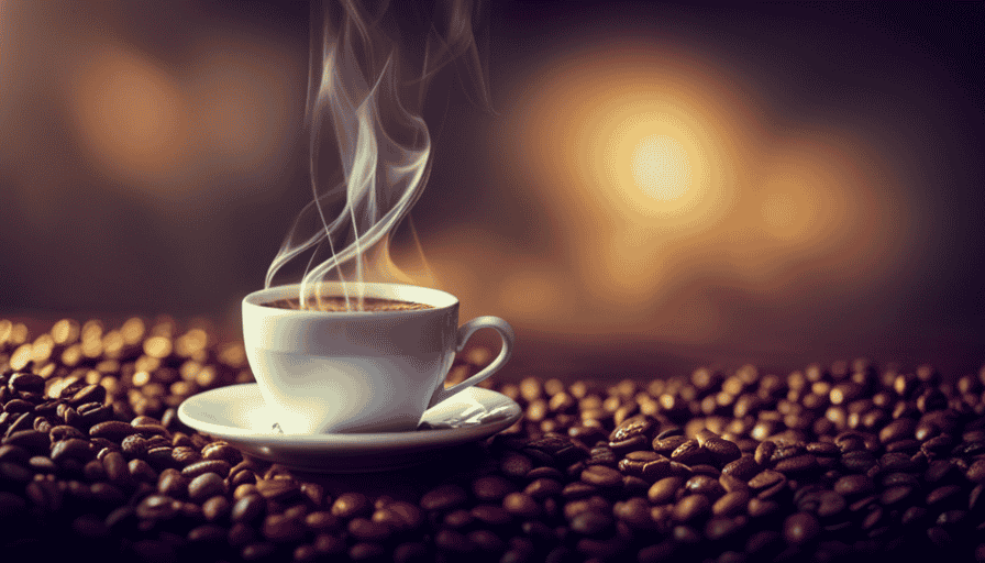 An image showcasing a close-up view of a steaming cup of coffee, surrounded by an array of various coffee beans in different sizes, colors, and textures