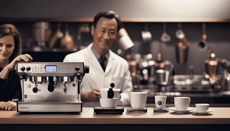 An image showcasing a frustrated customer surrounded by a cluttered countertop displaying a series of inferior espresso machines, while a salesperson points to a sleek, top-of-the-line espresso machine with a confident smile