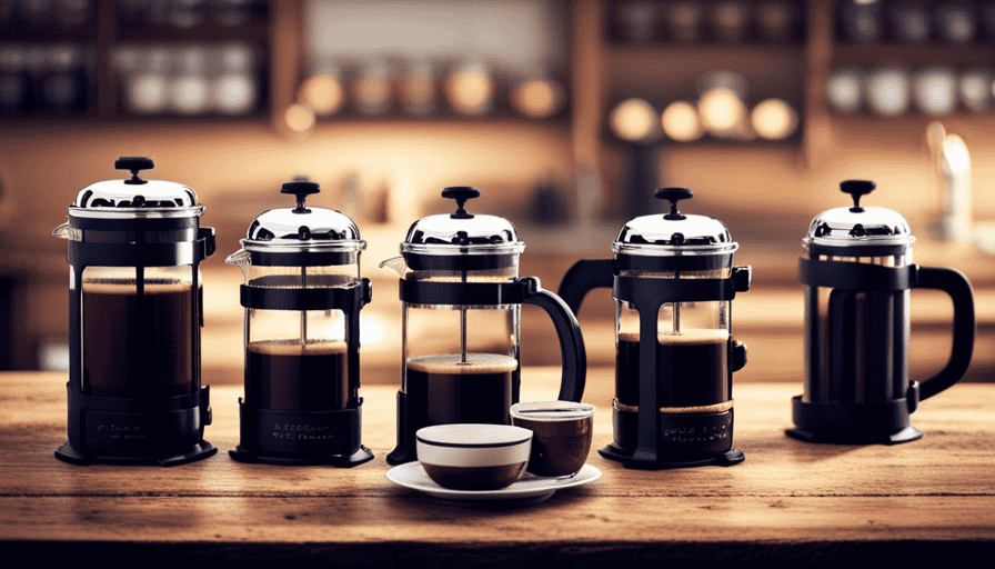 An image that showcases a variety of French press sizes, arranged neatly on a rustic wooden table