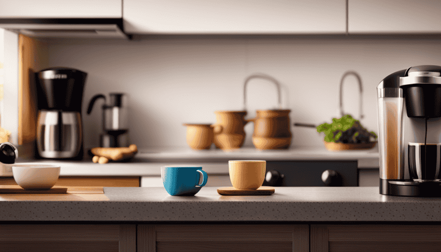 An image capturing a cozy kitchen counter adorned with an array of sleek and colorful Keurig coffee machines, each exuding an inviting glow, tempting readers to embark on a quest for their ideal caffeine companion