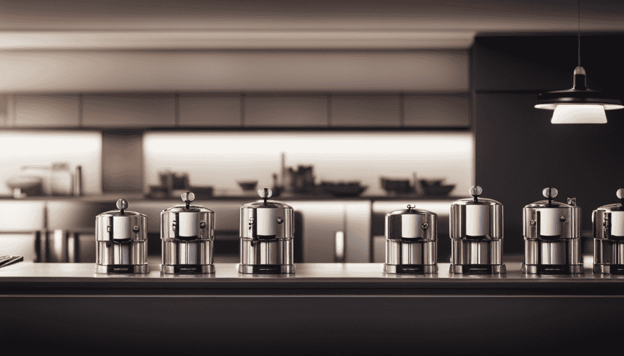 An image showcasing a sleek, modern kitchen countertop adorned with an array of top-tier latte machines, each exuding sophistication through their shiny stainless steel exteriors and illuminated control panels