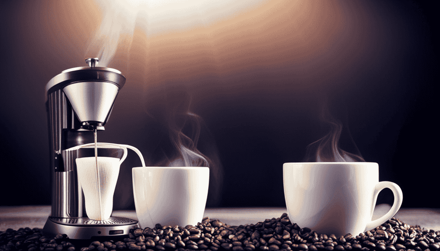 An image capturing a vibrant morning scene, showcasing a sleek Cirkul coffee maker with its adjustable brew strength dial, surrounded by freshly ground coffee beans and a steaming cup of aromatic java