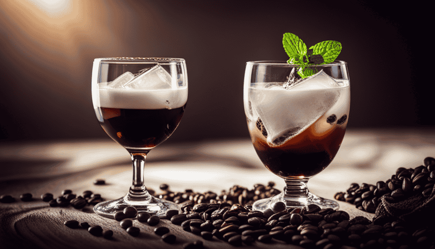 An image showcasing a beautifully crafted cocktail glass, filled halfway with rich, dark espresso, delicately swirling with a splash of crystal-clear gin, adorned with a sprig of fresh mint, and surrounded by coffee beans and juniper berries