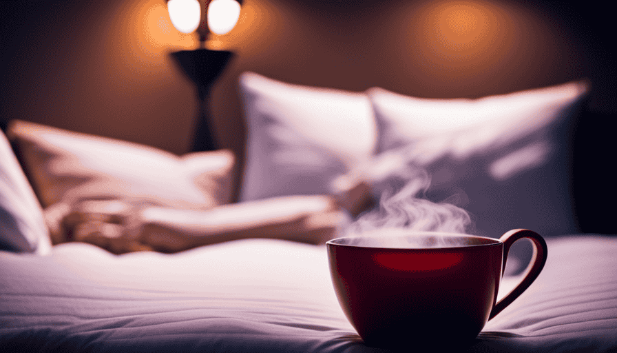 An image that portrays a cozy bedroom scene with a person sipping a steaming cup of coffee before bed