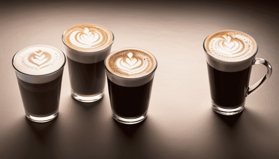 An image showcasing three distinct coffee drinks: a perfectly layered cappuccino, a velvety latte with a delicate milk design, and a rich macchiato adorned with a caramel drizzle; each capturing the essence of their unique flavor profiles