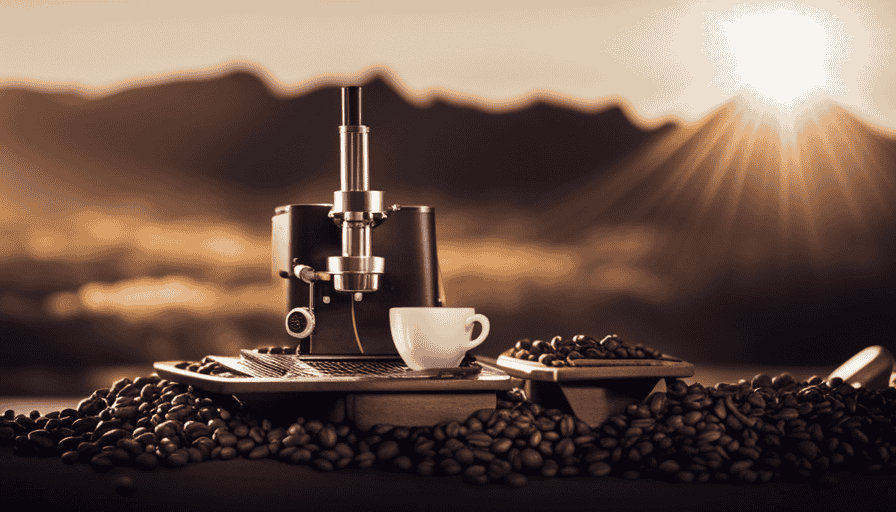 An image showcasing a vintage espresso machine surrounded by a curated collection of coffee beans from around the world