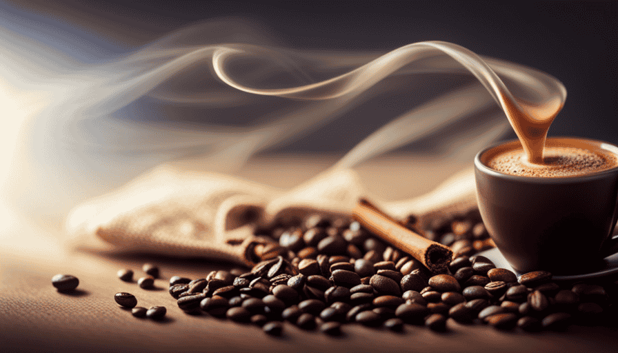 An image showcasing a steaming cup of coffee with a velvety swirl of caramel, surrounded by a symphony of coffee-related items: an aromatic cinnamon stick, a cocoa dusted spoon, and a refreshing mint leaf nestled on an espresso bean