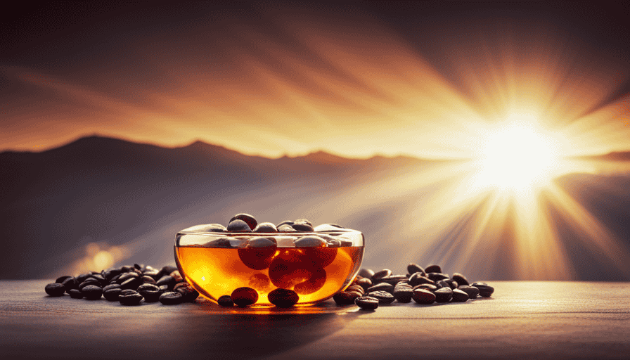 An image showcasing a translucent, amber-colored jelly in a sleek glass, adorned with glistening coffee beans on top