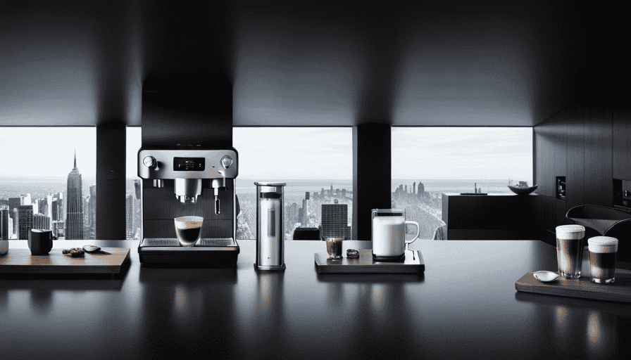 An image showcasing a sleek, futuristic coffee machine with a touchscreen display, precision temperature control, and a built-in grinder