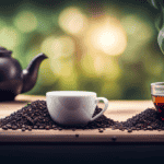 An image showcasing a steaming cup of rich, dark coffee and an elegant teapot pouring a deep amber infusion of black tea, surrounded by vibrant green tea leaves and coffee beans