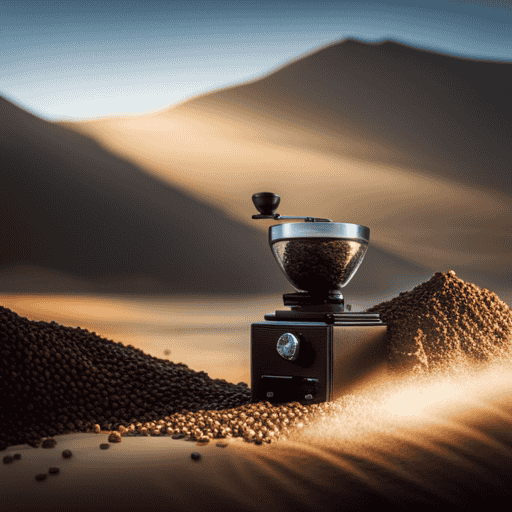 the elegance of the Comandante C40 Mk3: A sleek, black hand coffee grinder standing tall amidst a scattered landscape of freshly ground coffee beans, emanating aromatic trails, with rays of sunlight softly illuminating its precise ceramic burrs
