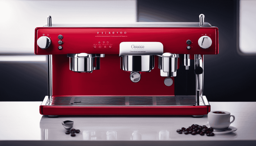 An image showcasing a sleek, compact Italian espresso machine with a vibrant red exterior, adorned with elegant chrome accents