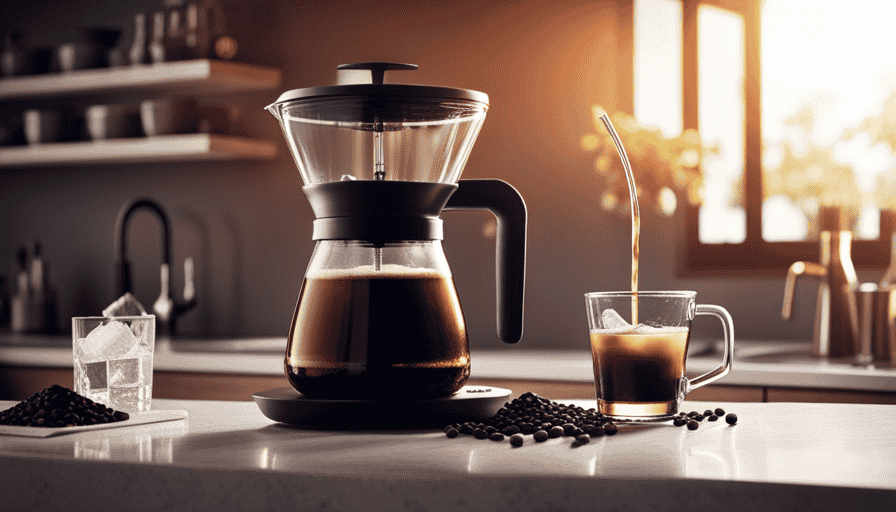 An image showcasing Bodum's Simplicity Cold Brew Coffee Maker nestled on a sleek kitchen countertop, surrounded by freshly ground coffee beans, a glass pitcher filled with golden cold brew, and a scattering of ice cubes glistening in the background