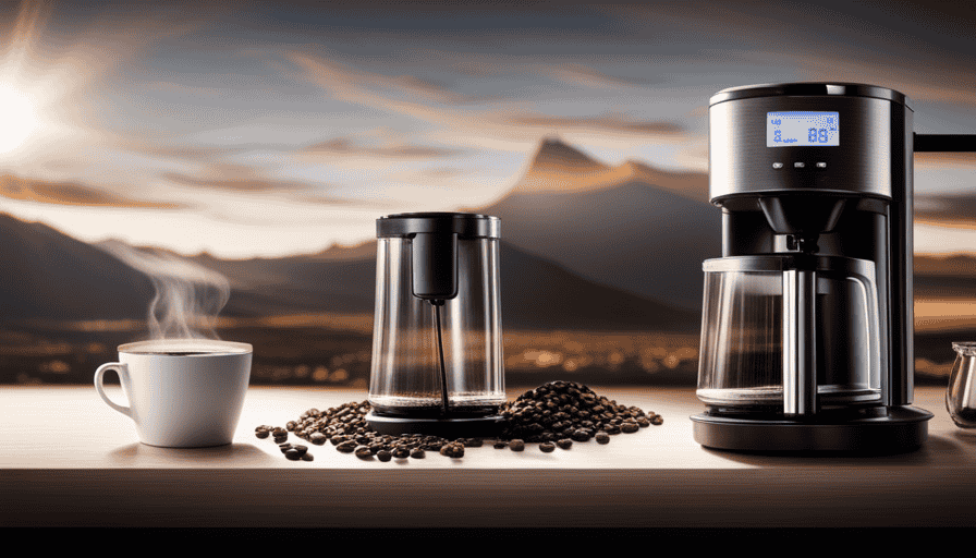 An image showcasing a sleek programmable coffee maker on a kitchen countertop, surrounded by fresh coffee beans in a transparent container, a digital display showing the brewing process, and a customized cup of steaming hot coffee