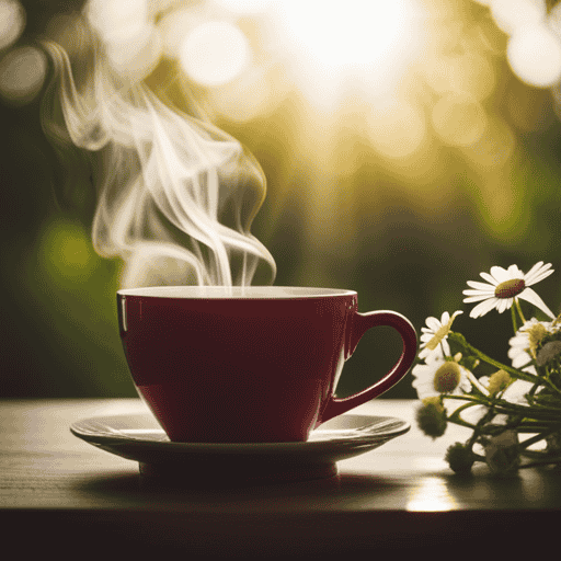 An image capturing the soothing essence of herbal tea for colds: a steaming cup, surrounded by vibrant, healing herbs like chamomile and peppermint, while a person gently coughs, comforted by the warm vapors