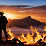  a rugged cowboy, silhouette against a fiery sunrise, brewing coffee over an open campfire