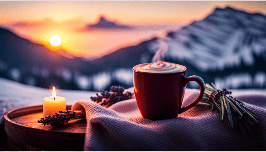 An image that captures the essence of a cozy winter scene: a steaming mug of lavender latte resting on a knitted blanket beside a crackling fireplace, with flickering candlelight casting a warm glow