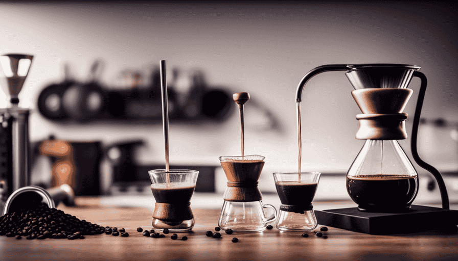 An image showcasing a hand pouring water from a gooseneck kettle into a Chemex coffee maker, with coffee beans cascading down from a grinder, and a French press and AeroPress nearby
