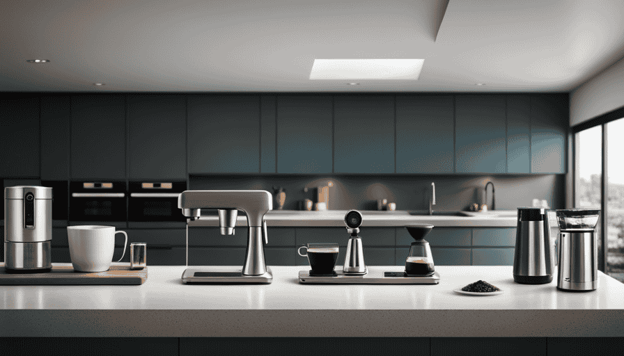An image showcasing a sleek, minimalist kitchen counter with an array of cutting-edge coffee gadgets