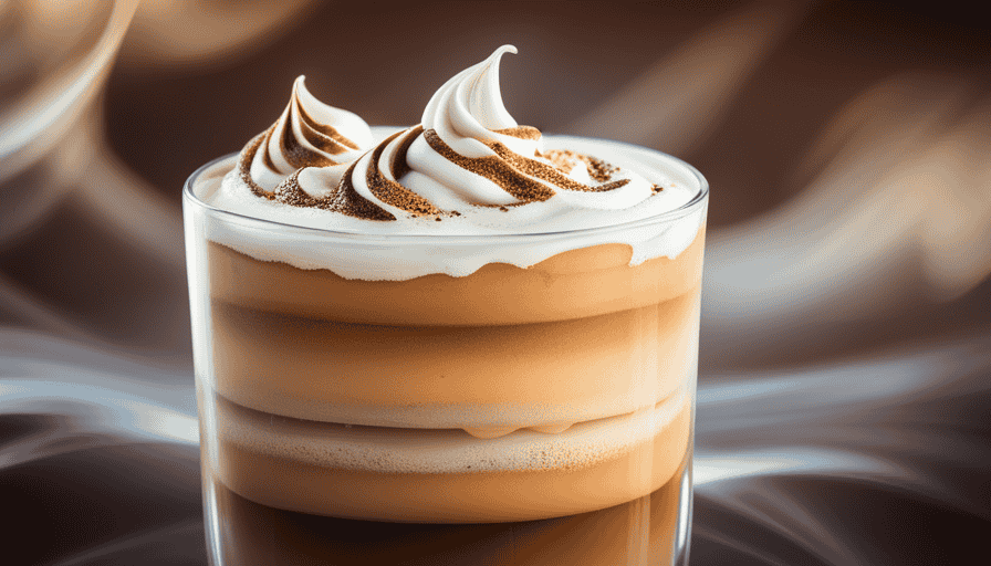 the essence of the whipped coffee trend with an image of a frothy, caramel-hued Dalgona coffee cascading into a glass, surrounded by a sprinkle of cocoa powder and a drizzle of liquid caramel