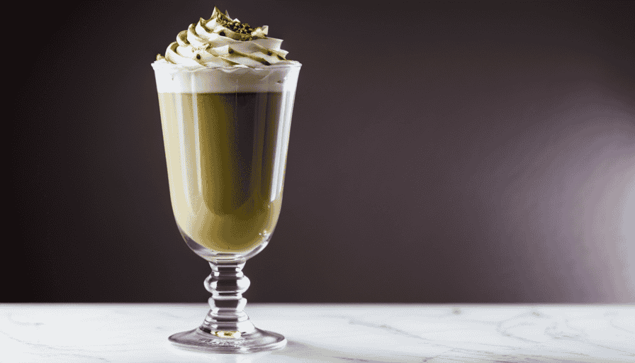 An image showcasing a frothy, velvety pistachio latte in a tall glass, adorned with crushed pistachio sprinkles