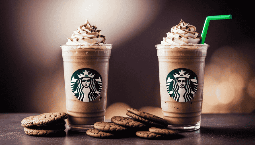 An image capturing a tall glass filled with layers of rich, velvety mocha Frappuccino, topped with a generous swirl of whipped cream, and sprinkled with crumbled chocolate cookies
