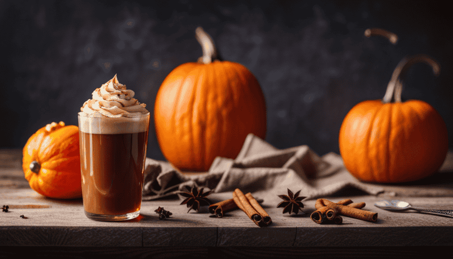 An image capturing a tall glass of creamy, caramel-colored pumpkin cream cold brew, delicately swirled with velvety foam, adorned with a sprinkle of cinnamon, and garnished with a plump, orange pumpkin stem