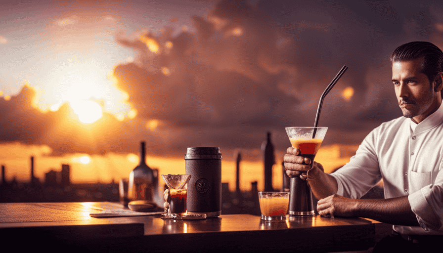 An image of a vibrant Mexican cafe scene at sunset, where a skilled bartender artfully pours rich, steaming coffee into a glass, seamlessly blending it with a splash of smooth, golden liqueur, resulting in a tantalizing Carajillo cocktail