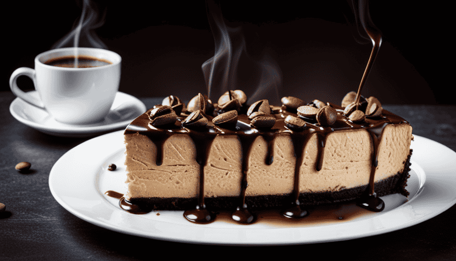An image showcasing a beautifully plated slice of mocha cheesecake topped with a decadent drizzle of chocolate sauce, accompanied by a steaming cup of espresso and a delicate coffee bean garnish