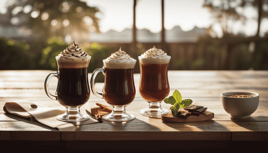 An image that showcases an assortment of tantalizing cold brew coffee recipes: a refreshing peppermint mocha, a creamy caramel macchiato, and a zesty orange-infused delight, all adorned with luscious whipped cream and drizzles of rich chocolate syrup