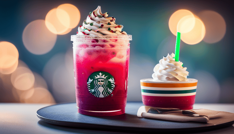 An enticing image showcasing a colorful, frosty glass filled to the brim with a creamy, pink strawberry frappuccino topped with a generous dollop of whipped cream, adorned with vibrant sprinkles and a striped paper straw