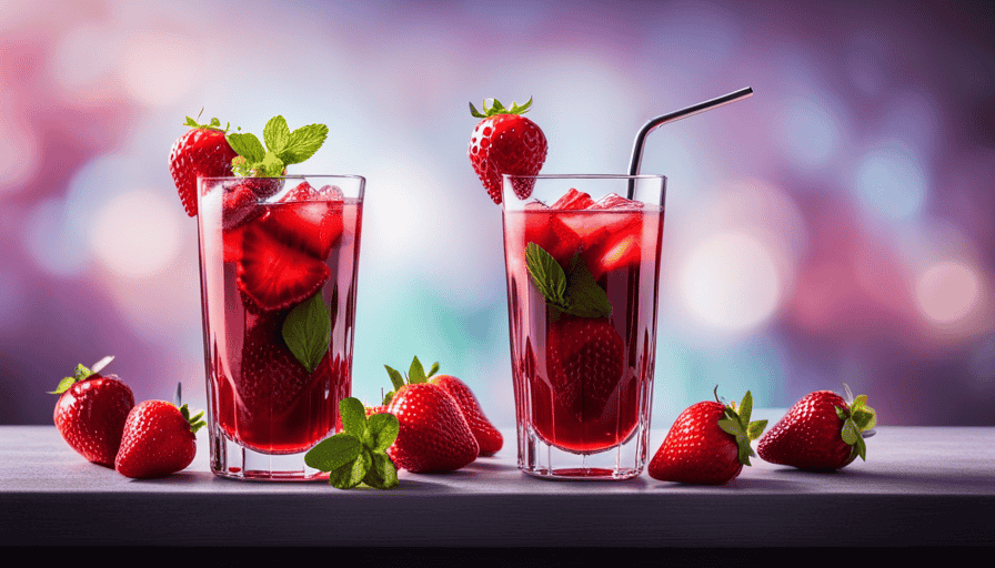 An enticing image showcasing a tall glass filled with a vibrant pink Strawberry Acai Refresha, adorned with lush slices of fresh strawberries, glistening ice cubes, and a sprig of mint for a touch of freshness
