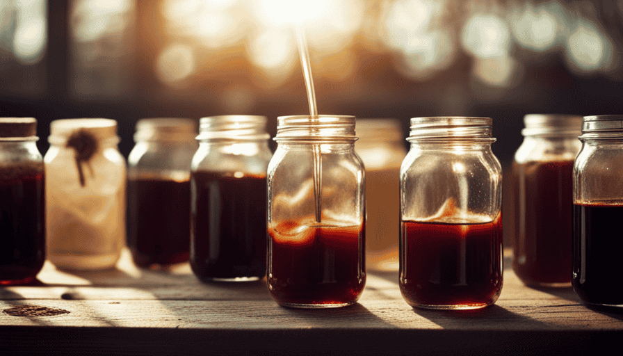 -up shot of a rustic wooden table covered with various mason jars filled with richly colored homemade coffee syrups, as delicate wisps of steam rise from a freshly brewed cup of coffee in the background