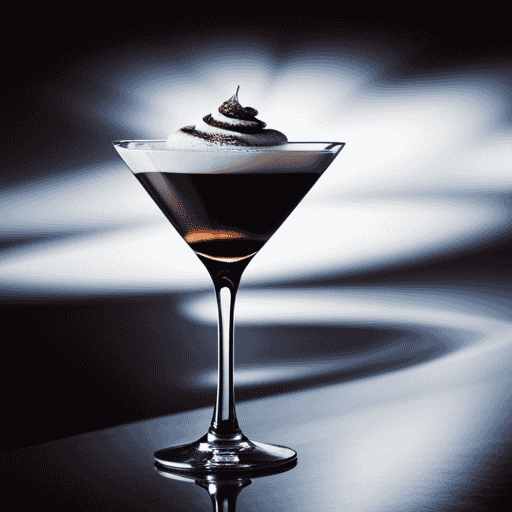 An image featuring a sleek, transparent martini glass filled to the brim with a velvety, dark espresso martini