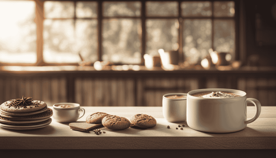 An image capturing the cozy ambiance of a rustic kitchen, with a steaming mug of homemade dirty chai latte adorned with cinnamon sprinkles, accompanied by a plate of freshly baked chai-infused cookies