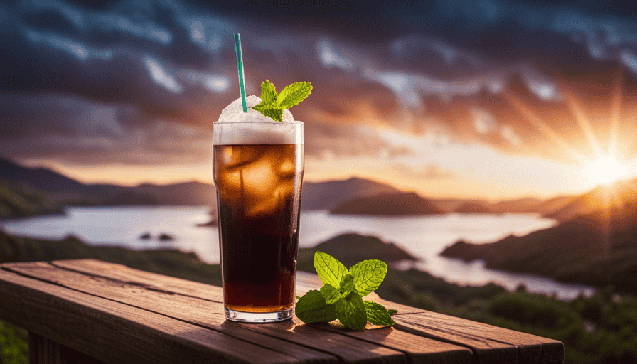 An image that captures the essence of summer with a tall, icy glass filled with velvety, cascading layers of homemade nitro cold brew, crowned by a frothy, creamy head, garnished with a sprig of fresh mint