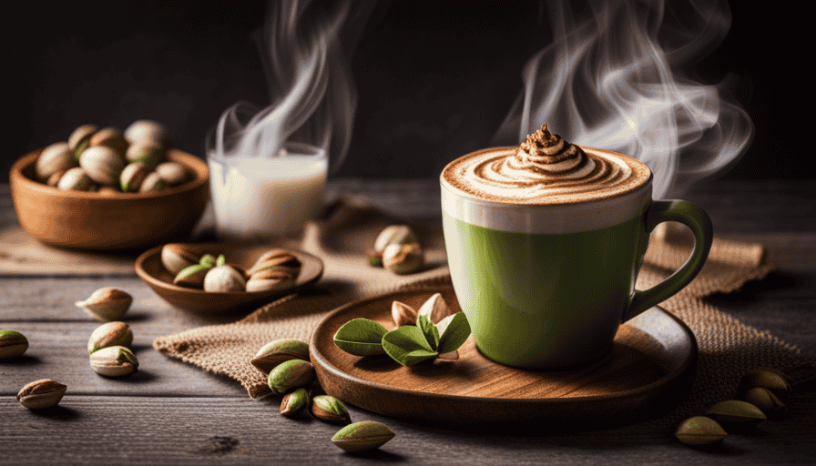 -up shot of a steaming cup of homemade pistachio latte, featuring a rich, creamy texture with a velvety latte art heart on top