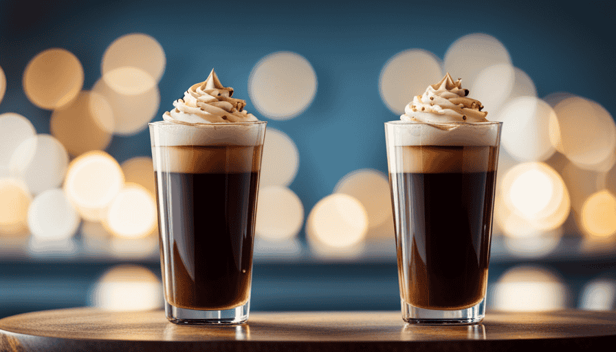 An image showcasing a tall glass filled with velvety, golden-hued vanilla sweet cream cold brew, perfectly layered with rich coffee and frothy cream, adorned with a sprinkle of vanilla beans on top
