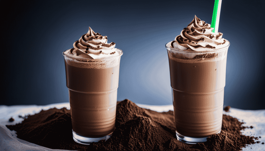 -up shot of a tall glass filled with a creamy, chocolate-colored Java Chip Frappuccino, topped with a generous swirl of whipped cream and garnished with a dusting of cocoa powder and chocolate shavings