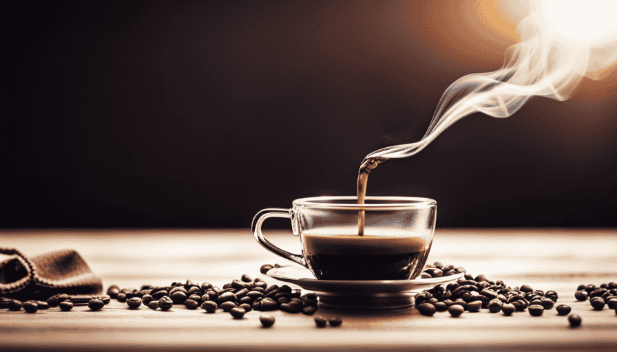 An image showcasing a pristine, shiny Moka Pot adorned with freshly ground coffee beans, surrounded by a steaming cup of rich, aromatic espresso being poured into a delicate porcelain cup