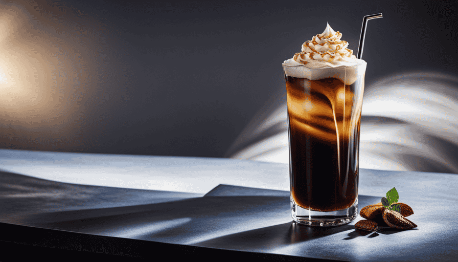 An enticing image of a tall glass filled with velvety, dark cold brew coffee swirling with ribbons of rich, golden salted caramel