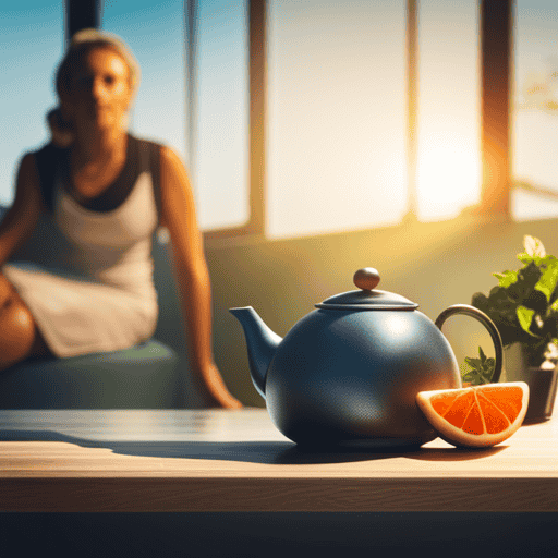 An image of a serene, sunlit room with a cup of steaming Detox Tea Yogi placed on a wooden table, surrounded by fresh herbs, vibrant fruits, and a stopwatch, symbolizing the time it takes for the tea to cleanse the body