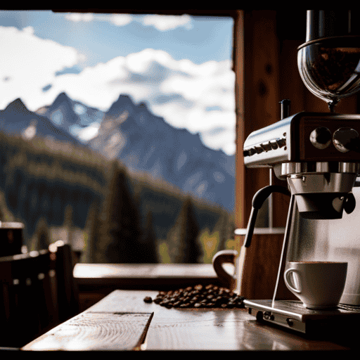 An image showcasing a rustic, wooden coffee shop nestled amidst Wyoming's breathtaking mountain range