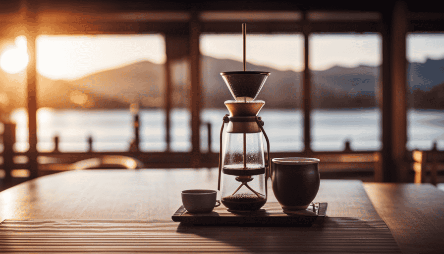 An image showcasing a traditional Kyoto-style slow-drip coffee setup