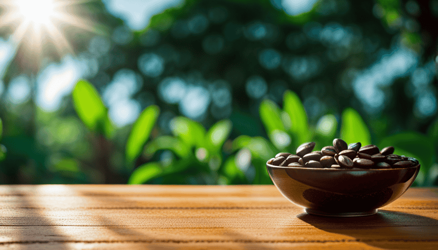 An image showcasing a vibrant Jamaican coffee bean field, bathed in warm sunlight